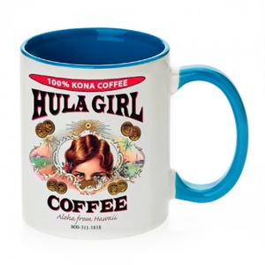 Hula Girl Coffee 11oz Mug Two Tone Light Blue Inner and Handle Hula Girl Coffee 11oz Mug Two Tone Light Blue Inner and Handle