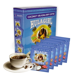 Hula Girl Coconut 10% Kona Drip Coffee Box of 5 Hula Girl Coconut 10% Kona Drip Coffee Box of 5