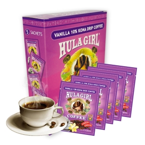 Hula Girl Vanilla 10% Kona Drip Coffee Box of 5 Hula Girl Vanilla 10% Kona Drip Coffee Box of 5