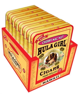 Hula Girl Cherry Mac Nut Small Cigar Box of 7 Tins with 8 Mini Cigars Each