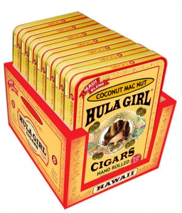 Hula Girl Coconut Mac Nut Small Cigar Box of 7 Tins with 8 Mini Cigars Each