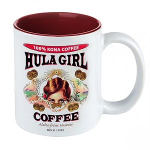 Hula Girl Mug with Coffee Logo Maroon 11oz with box Hula Girl Mug with Coffee Logo Maroon 11oz with box